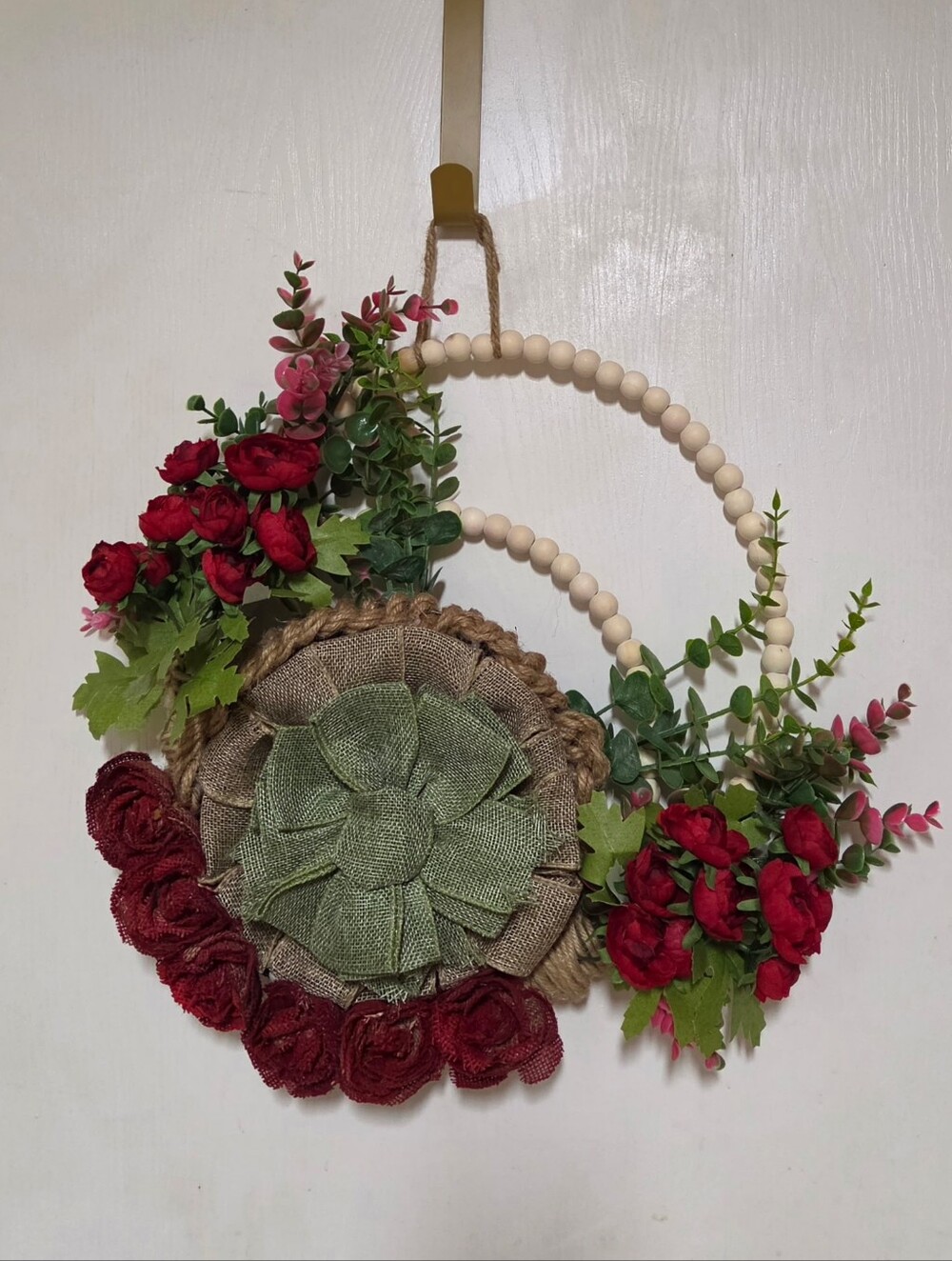 Floral Double-Beaded Hoop Wreath Featuring Red Roses and Green Burlap Flower